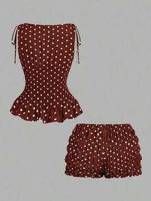 Conjunto de 2 piezas de top sin mangas y shorts con estampado de lunares en contraste para mujer - Marrón - Ver 3