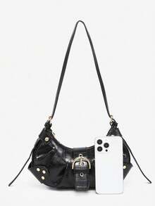 Lightweight Retro Women's Crossbody Bag: Punk Goth Y2K Style Faux Leather Motorcycle Handbag With Rivets, Metal Chain And Adjustable Strap, Suitable For Teenagers, College Girls, Street Fashion, Music Festivals And Personalized Looks - Black - View 5