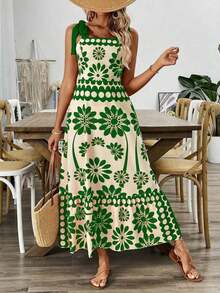 Vestido largo de verano con estampado vintage, hombros con cordones, corte en la cintura para vacaciones y playa para mujeres - Multicolor 2 - Ver 9