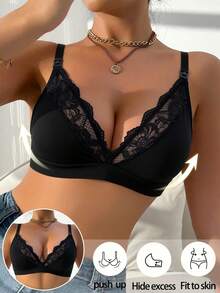 1pc Lace Patchwork Wireless Nursing Bra Without Padding - Black - View 3