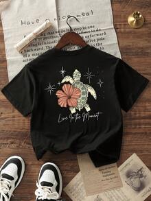 Nueva camiseta de cuello redondo de algodón puro para mujer, modelo 2026, ideal para el verano, con estampados de tortugas, flores y letras. Perfecta para vacaciones en la playa. - Negro - Ver 5