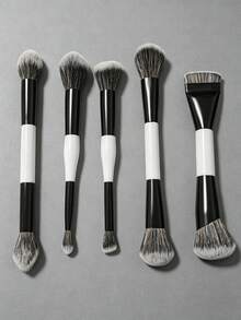 5pcs Professional Dual-Ended Makeup Brush Set, Perfect Makeup Brush 5-Piece Set For Face & Eye Makeup, Including Foundation Brush, Eyeshadow Brush, Contour Brush, Concealer Brush, Blush Brush, Powder Brush, Highlighter Brush, Essential Makeup Tools For Daily Use, Beginner Makeup Kit, Gift For Her - Black and White - View 7