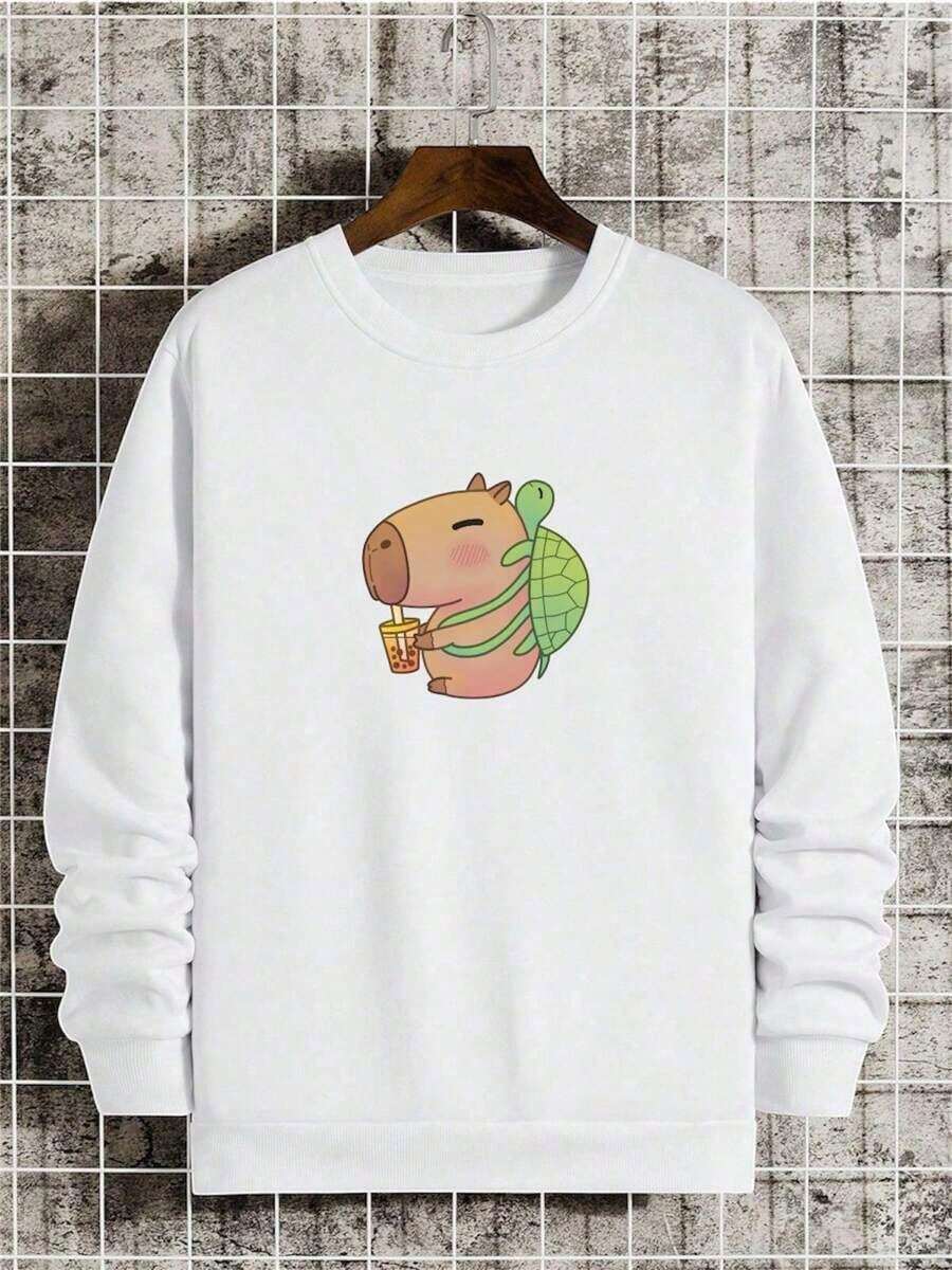 Crew Neck Long Sleeve Fleece Sweatshirt For Cold Weather With Capybara Design Backpack - White - View 1