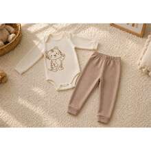 Baby 2-Piece Set: Long-Sleeved Bodysuit + Pants, 100% Cotton Suedine, Safari Animal Print (Tiger, Monkey, Hippopotamus), Unisex, Newborn To Extra Large, Neutral Beige, Maternity Set, Baby Clothes - Hổ - Xem 1