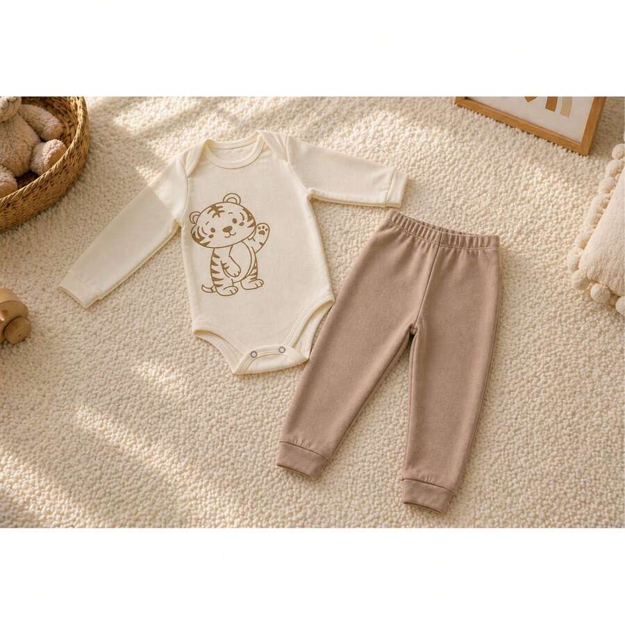 Baby 2-Piece Set: Long-Sleeved Bodysuit + Pants, 100% Cotton Suedine, Safari Animal Print (Tiger, Monkey, Hippopotamus), Unisex, Newborn To Extra Large, Neutral Beige, Maternity Set, Baby Clothes - Hổ - Xem 1