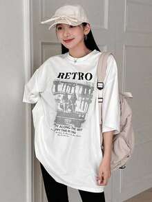 Camiseta casual holgada de verano para mujer con estampado de eslogan, cuello redondo y mangas caídas, RETRO SCENERY ALONG THE WAY HAPPY TIME IN 1990, camiseta oversized, camisetas gráficas - Estilo vintage urbano, unisex, de algodón, manga corta, cuello redondo, ropa deportiva estilo Y2K, cuello redondo, 100% algodón, tejido suave, manga corta. 1 camiseta - Blanco - Ver 7