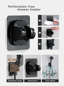 3pcs Black Square Button Shower Head Set, High Pressure 3-Function Handheld Shower With 59 Inch Stainless Steel Hose & Adhesive Bracket, No-Drill Installation, Black Handheld Shower Sprayer Kit - Black - View 5