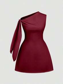 Vestido corto de verano de color claro, minimalista, sin mangas y con lazo en los hombros, de unicolor y elegante para mujer - Burdeos - Ver 2