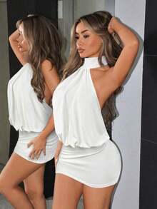 Vestido mini ajustado de cuello alto y espalda descubierta - Blanco 2 - Ver 6