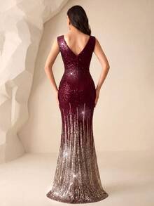 Women V-Neck Sleeveless Sequined Dress Party Dress Wedding Guest Dress Formal Dress Evening Dress Spring - Burgundy - View 3