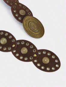 1pc Bohemian Western Style Women's Velvet Spliced Belt, Y2K Retro Gothic Style Coffee Antique Bronze Carved Oval, Versatile Accessory Dresses In Autumn And Winter, Music Festival & Beach Party Outfits, Valentine's Day - 布朗 6 - 查看 3