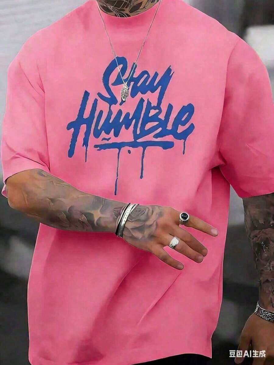 Men's Short-Sleeved, Round-Neck T-Shirt For Everyday, Casual, And Comfortable Wear. Made Of Pure Cotton With A Simple Print, Versatile And Loose-Fitting, This Fashionable Urban Clothing For Men Is Available In Plus Sizes And Is Breathable For Summer. - 粉色 - 查看 1