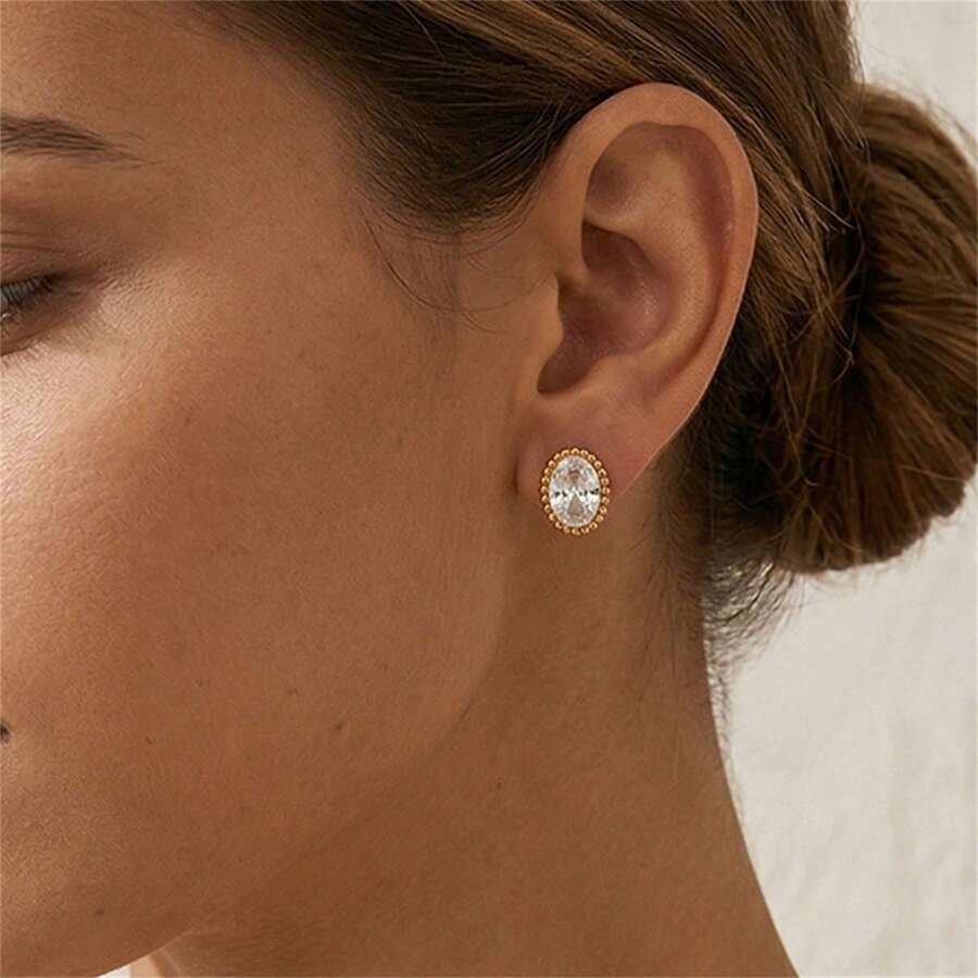 VKHK 1 Đôi bông tai đinh tán tối giản bằng thép không gỉ mạ vàng 18K đính đá Zirconia lấp lánh, thích hợp cho nữ giới đeo hàng ngày và trong các dịp cưới hỏi, làm quà tặng. - Nhiều màu - Xem 1