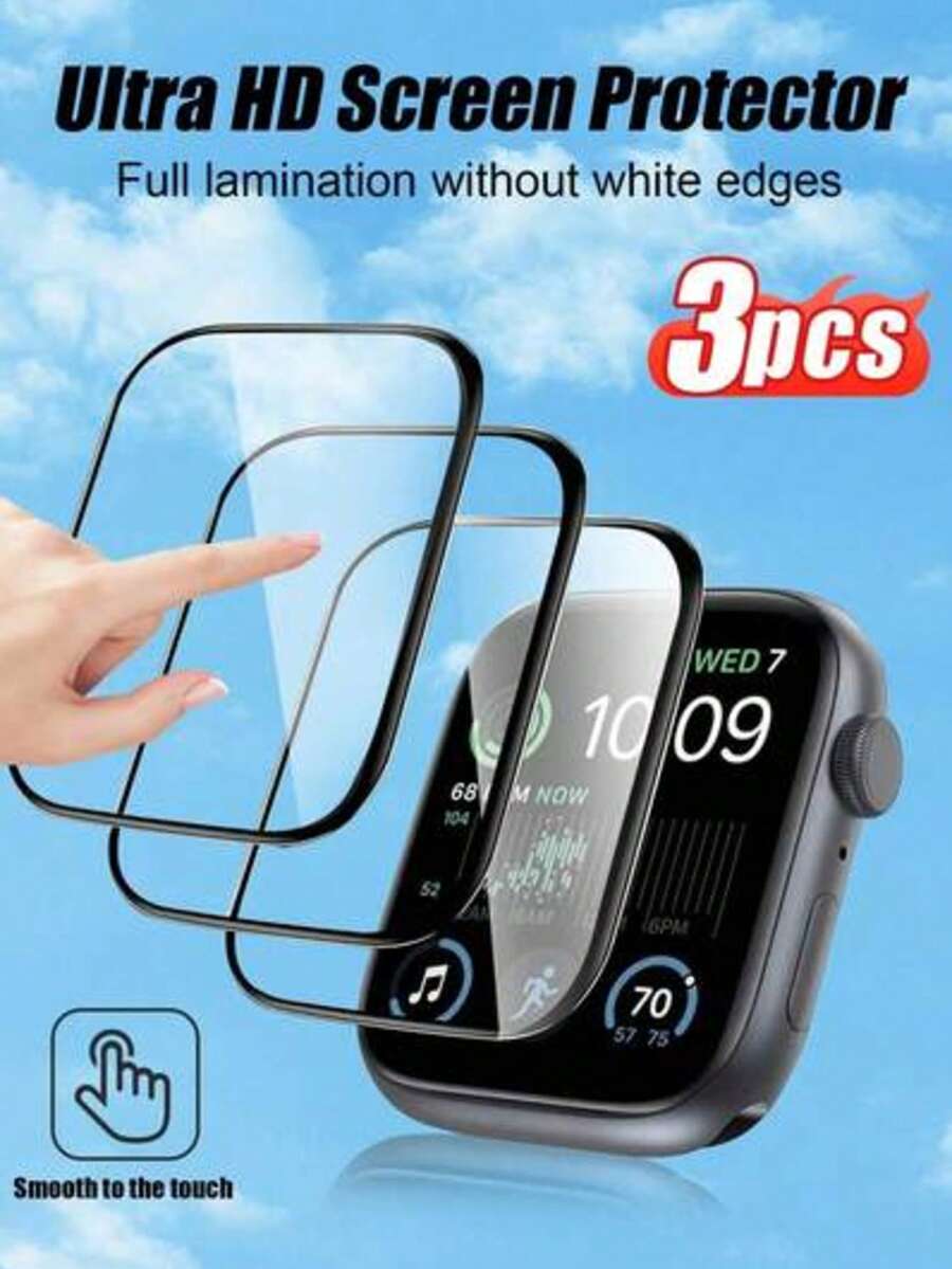 3片裝超高清全覆蓋螢幕保護貼，適用於Apple Watch 38/40/41/42/44/45/46/49mm，由曲面複合材質與碳纖維風格製成