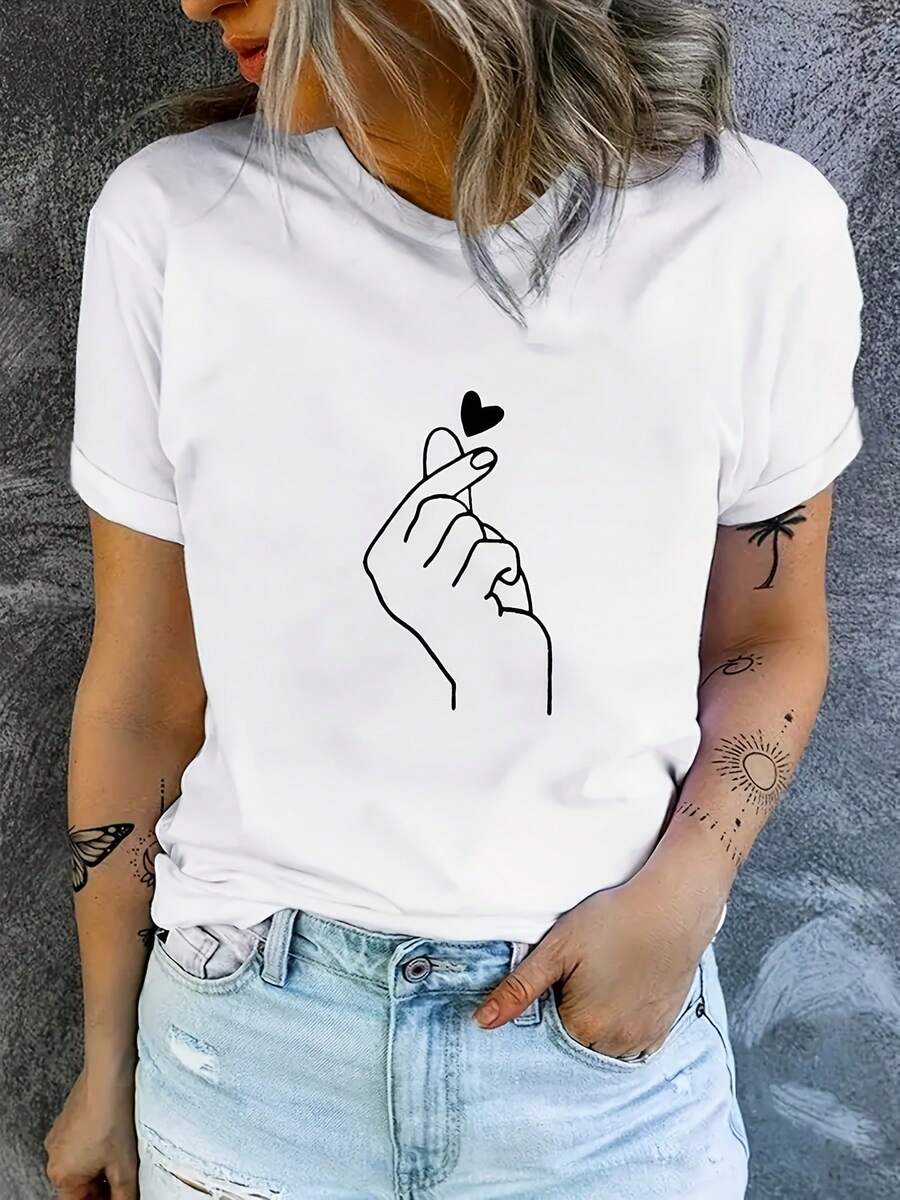 Camisetas con Estampados Gráficos para Mujer, Camiseta Casual de Cuello Redondo con Estampado Gráfico de un Corazón, Manga Corta, Adecuada para Todas las Temporadas, 100% Algodón - Blanco - Ver 1
