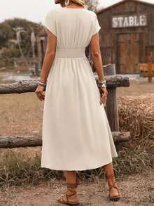 Vestido midi de manga abullonada con escote cruzado, cintura fruncida y espalda retorcida en estilo bohemio occidental casual para primavera/verano de mujer - Albaricoque - Ver 2