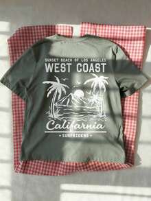 Women's Short-Sleeved T-Shirt With A Round Neck, Casual, Minimalist, And Versatile Style, Featuring A Palm Tree Print And Slogan, Suitable For Everyday Wear. Printed T-Shirt, Vacation. Summer - 綠色 - 查看 7
