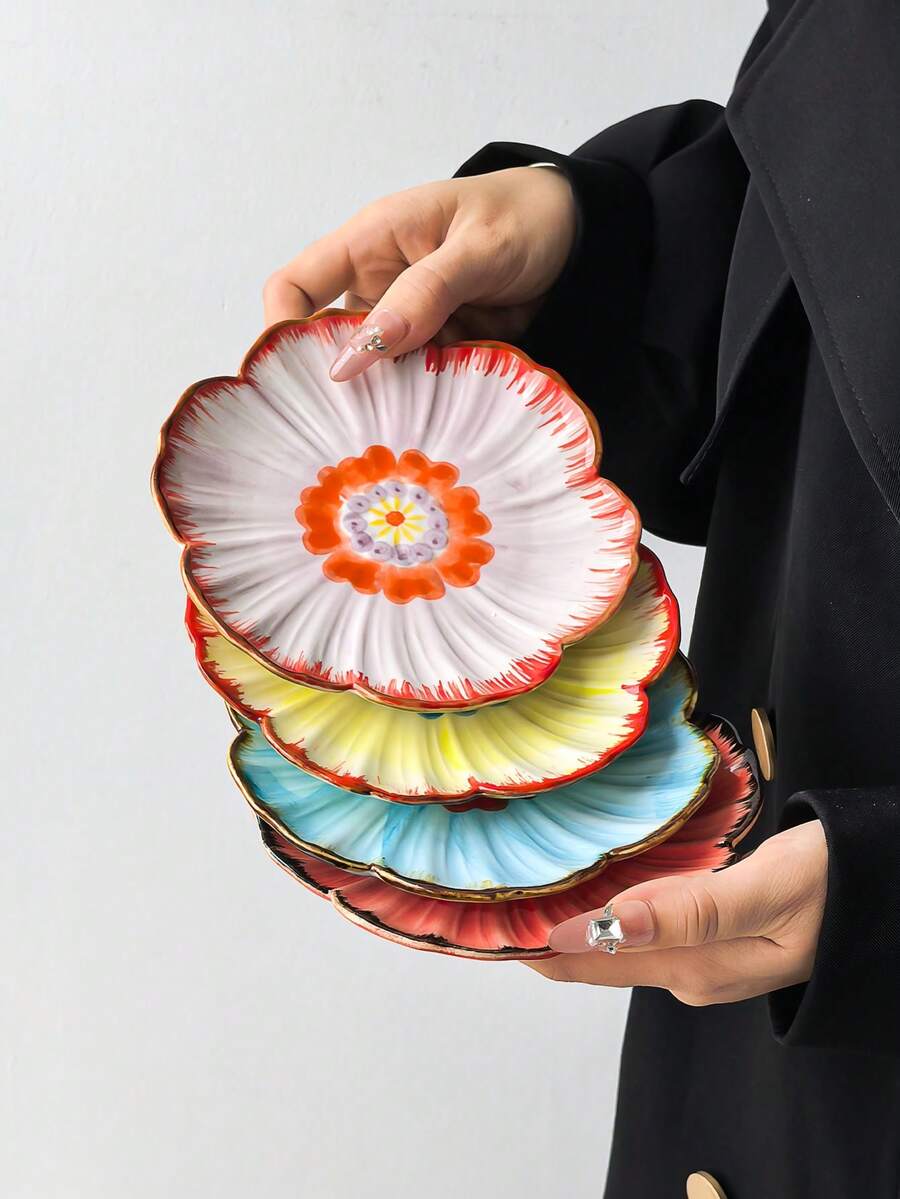 2件/4件渐变花卉陶瓷盘，手绘花瓣浮雕餐盘，家用小吃盘