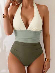 Traje de baño de una pieza con control de abdomen, estilo minimalista de unicolor, con escote halter y espalda descubierta, para vacaciones de verano en la playa - Multicolor 5 - Ver 4