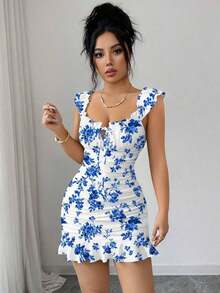Vestido camisero con volantes en el bajo y hombros descubiertos, estilo vintage con estampado - Vestido entallado de línea A - Azul - Ver 7