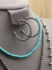 3 Pares Pacote de Valor Conjunto de Brincos com Contas, Brincos de Argola de Estilo Pérola Turquesa + Escovada Antiga com 4,5cm, Uso Diário Versátil para Mulheres - Azul - Visão 5