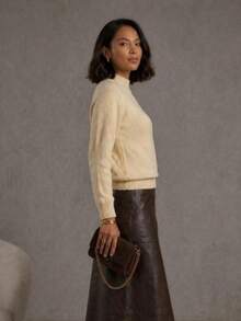 Women's Modal Knit Winter Blouse With Braided High Neck, Modern Style - Cream - View 2