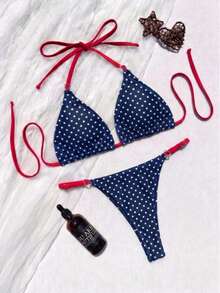 Women's Solid Color Triangle Bikini Set With Heart-Shaped Ring Decor. Features Triangle Cup Design, Spaghetti Strap, Sweet Yet . Vacation Beach Summer - Multicolor - View 2