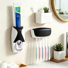 1pc No Drill Wall Mounted Toothbrush Holder, Toothpaste & Toothbrush Storage Rack, Bathroom Plastic Toothbrush Organizer, Multi-Function Toothbrush Box, Bathroom Accessories - Black - View 1