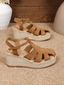 New Women's Wedge Thick Bottom Sandals, Fashion Versatile Hollow Wedge Sandals, Suede Woven Thick Bottom Strap Open Toe Casual Shoes - Brown - View 7