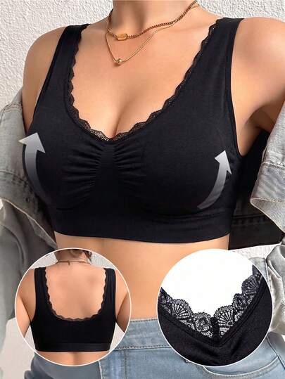 Plus Size Solid Color Wireless Bra - Lace Trim, Sheer U-Back, Lift & Support, Women's Lingerie