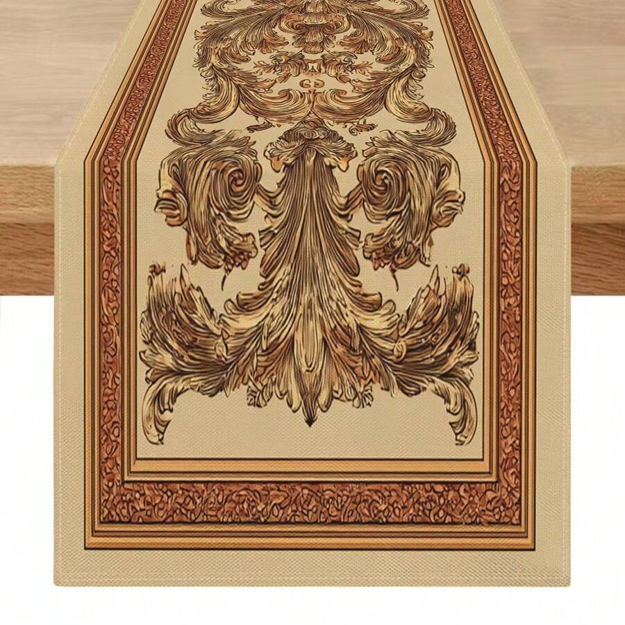 1pc Baroque Scroll Print Polyester Table Runner, Vintage Palace Style Rectangular Decorative Tablecloth, Stain-Resistant And Easy To Clean Home Decor, Suitable For Dining Table, Entryway, Coffee Table, Sideboard, Party And Holiday Decoration - Multicolor - View 1