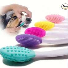 1/5pcs Random Color Dog Toothbrush Set: Double-Sided Soft Silicone Gentle Cleaning, Long Curved Handle For Easy Use! - Multicolor - View 1