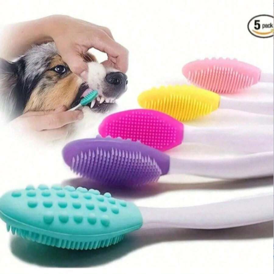 1/5pcs Random Color Dog Toothbrush Set: Double-Sided Soft Silicone Gentle Cleaning, Long Curved Handle For Easy Use! - Multicolor - View 1
