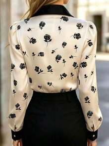 Blusa de satén con estampado de rosas para mujer, de manga larga y abotonada con cuello de lazo, de corte regular, adecuada para la oficina o uso casual en color rosa - Albaricoque - Ver 3