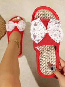 French Pearl Lace Bow Slippers, Women's Soft Bottom Non-Slip Slippers - Red - View 1