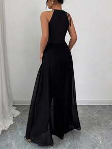 Mono elegante de mujer con cuello en V, cintura ajustable, sin mangas, de gasa con parches, y bajo translúcido - Negro - Ver 2