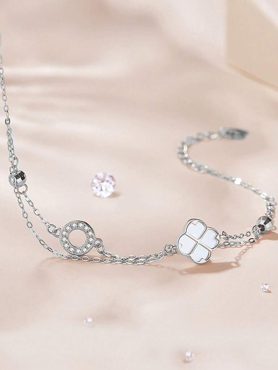 1 chiếc vòng tay bạc Sterling S925 hai lớp hình cỏ ba lá, kiểu dáng tinh tế, sang trọng, mặt dây chuyền bùa may mắn phong cách thiên nhiên, trang sức quà tặng sinh nhật thời trang đa năng dành cho phụ nữ. - cỏ bốn lá - Xem 1