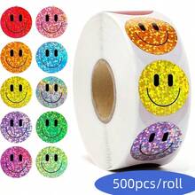 500pcs Colorful Glitter Smiling Face Stickers/10 Colors Shiny Stickers For Gift Boxes, Envelopes, Scrapbooks, Back To School, Glitter Laser Stars And Happy Face Stickers, 1 Inch Round Stationery Stickers - Multicolor - View 10