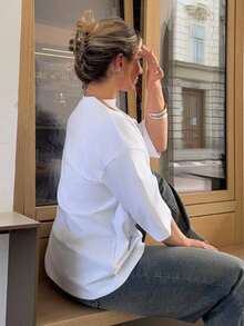 Camiseta de manga corta suelta y casual minimalista de estilo de negocios casual para mujer con efecto "dinero viejo" y talla oversize - Blanco - Ver 4