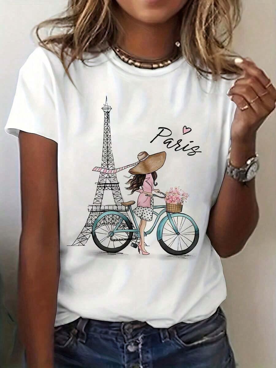 1 Pieza de Camiseta Casual de Moda para Hombres y Mujeres con Estampado Gráfico de un Parísino con una Bicicleta, Camiseta Casual de Manga Corta con Cuello Redondo Ideal para Primavera y Verano, Ropa de Mujer Versátil, Fácil de Combinar, Uso Diario, Estilo Urbano, Atuendo para Vacaciones, Atuendo para Fin de Semana. - Blanco - Ver 1