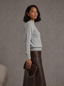 Women's Modal Knit Winter Blouse With Braided High Neck, Modern Style - Light Grey - View 2