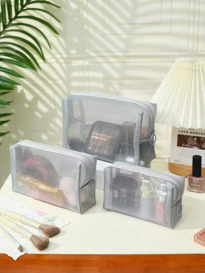 Túi đựng mỹ phẩm lưới màu xám, túi đựng đồ vệ sinh cá nhân trong suốt, túi trang điểm du lịch dung tích lớn có khóa kéo, 3 kích cỡ.