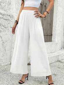 Pantalones anchos de cintura alta de gasa de chifón transparente de unicolor para mujer, adecuados para primavera/verano en color blanco - Blanco - Ver 5