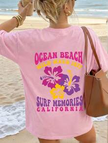 1 chiếc áo thun nữ mùa hè dáng rộng cổ tròn tay ngắn, kiểu dáng vintage phong cách lướt sóng California và họa tiết hoa Anh Quốc, thích hợp cho đi biển, công sở, dã ngoại, hàng ngày, hẹn hò, tiệc tùng, tụ họp, dạo phố. - Hồng - Xem 3