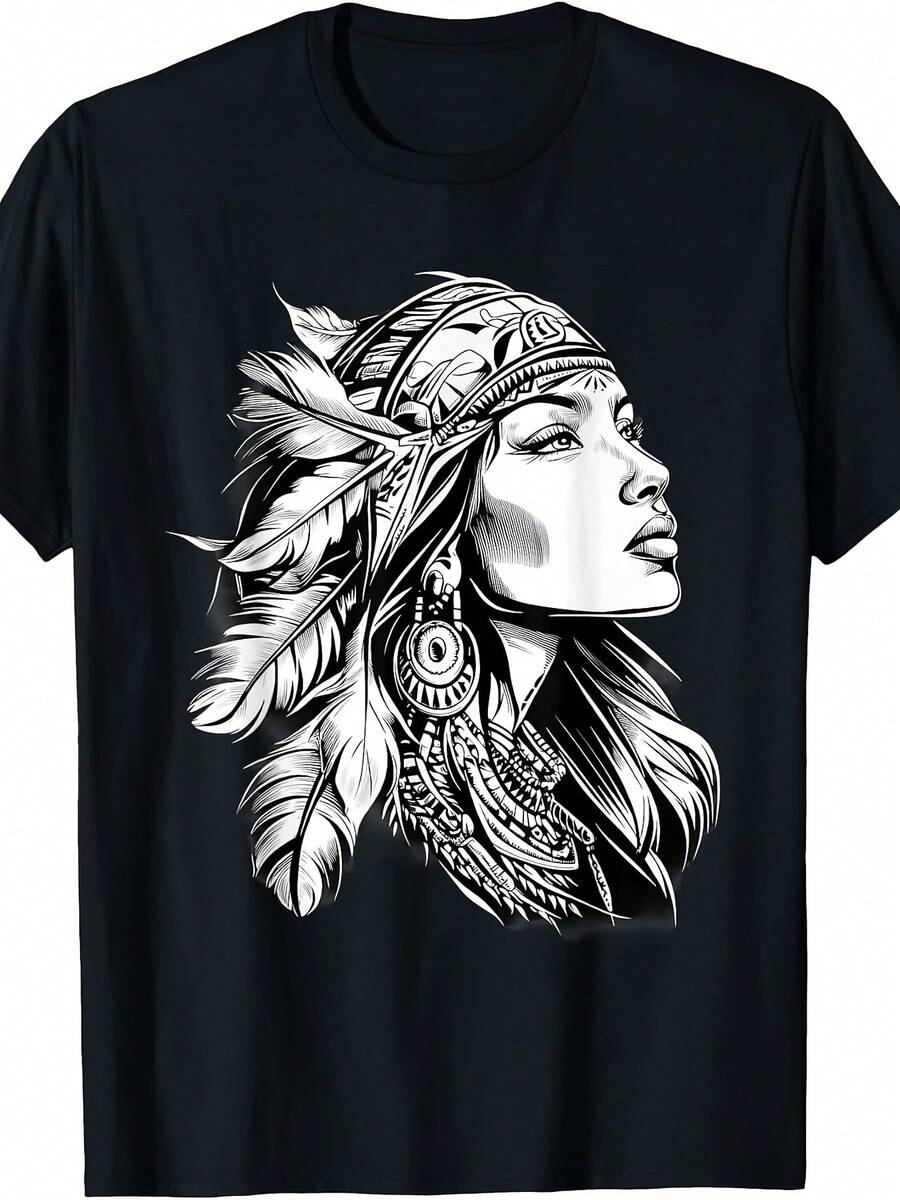 Camiseta con estampado de arte mexicano, diseño de chica de tribu india nativa americana con tocado de plumas, estilo unisex para hombre y mujer, camiseta de manga corta estampada de verano 2026, camiseta de algodón puro, conjunto familiar a juego. - Negro - Ver 1