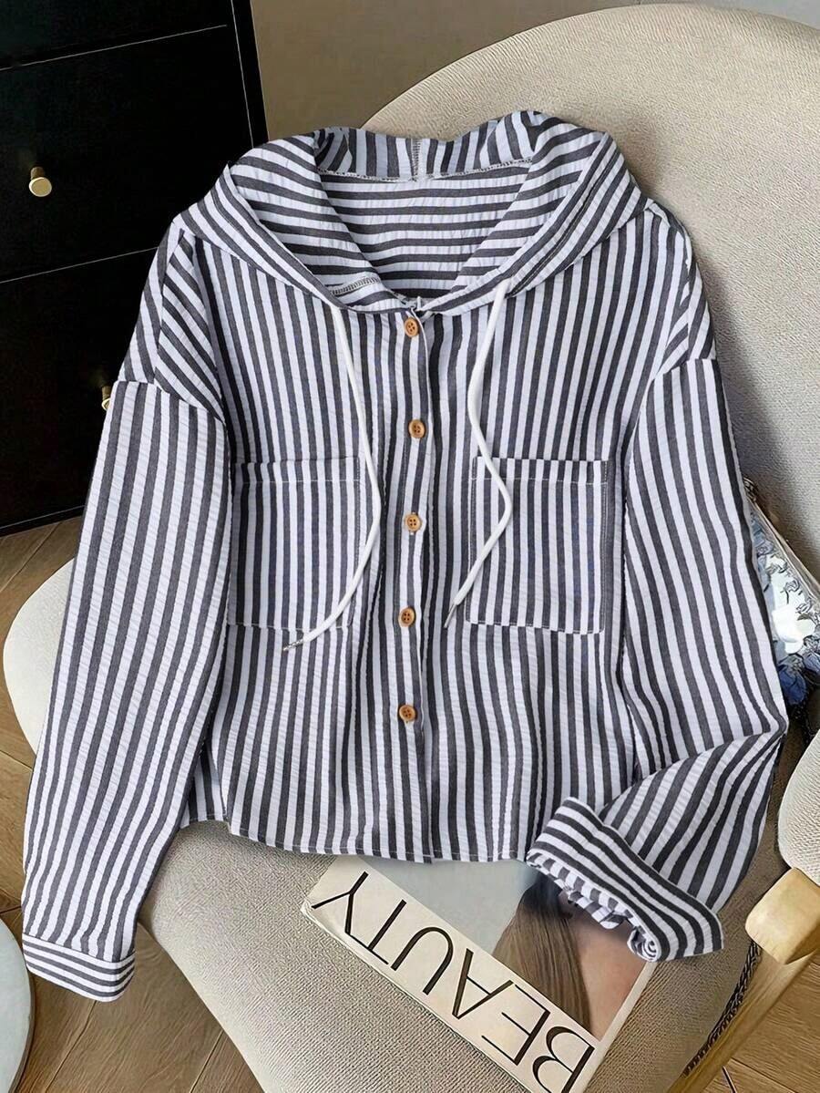 Camisa con capucha holgada con cordón de rayas azules y blancas para mujer, nueva para primavera/otoño - Blanco y Negro - Ver 1