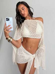 Conjunto de 2 piezas de mujer para primavera/verano con textura de jacquard, blusa tipo chal y minifalda de estilo envolvente, ropa de playa/resort para mujer - Albaricoque - Ver 7