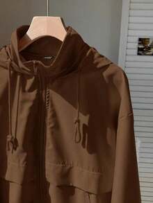 1 pieza Chaqueta casual con capucha, cremallera frontal, manga larga y protección solar, de unicolor, para otoño/invierno - Café integral - Ver 4