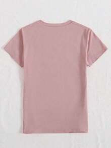 Camiseta de algodón 100% con cuello redondo, manga corta y estampado de perlas falsas, top casual de verano para mujer - Rosa Pálido - Ver 2