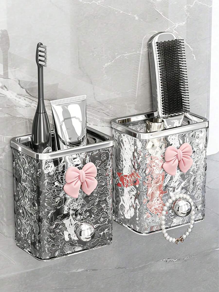 1pc Bowknot Bathroom Storage Rack - Wall Mounted, Plastic Toothbrush And Toothpaste Rack, Makeup Brush Storage Box, Makeup Pad Storage Box, Powder Storage Box And Hair Line Storage Box, Self-Adhesive, No Punching Design, Suitable For Accessories Storage, Family Organization Open Storage Box, Glacier Pattern Wall Mounted Storage Box